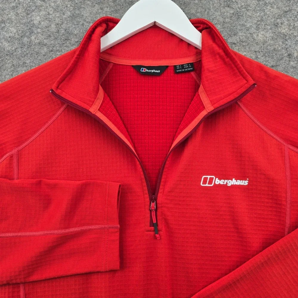 Berghaus Mens Fleece Pullover Size L Red 1/4 Zip Grid Tech Hiking Mid Layer